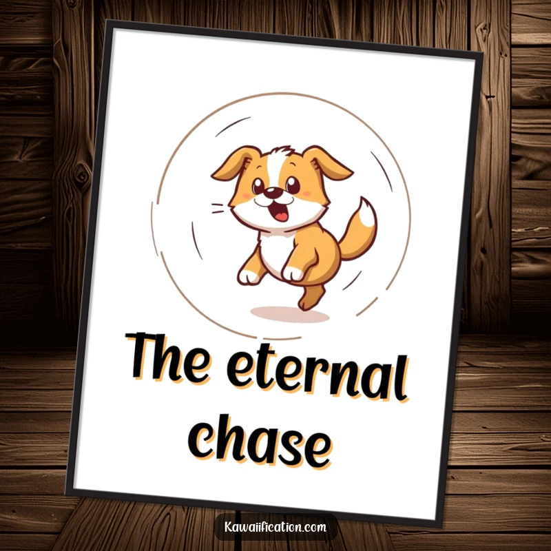 Funny digital art print of a dog spinning in a dizzy spiral while chasing its tail, conveying playful energy.