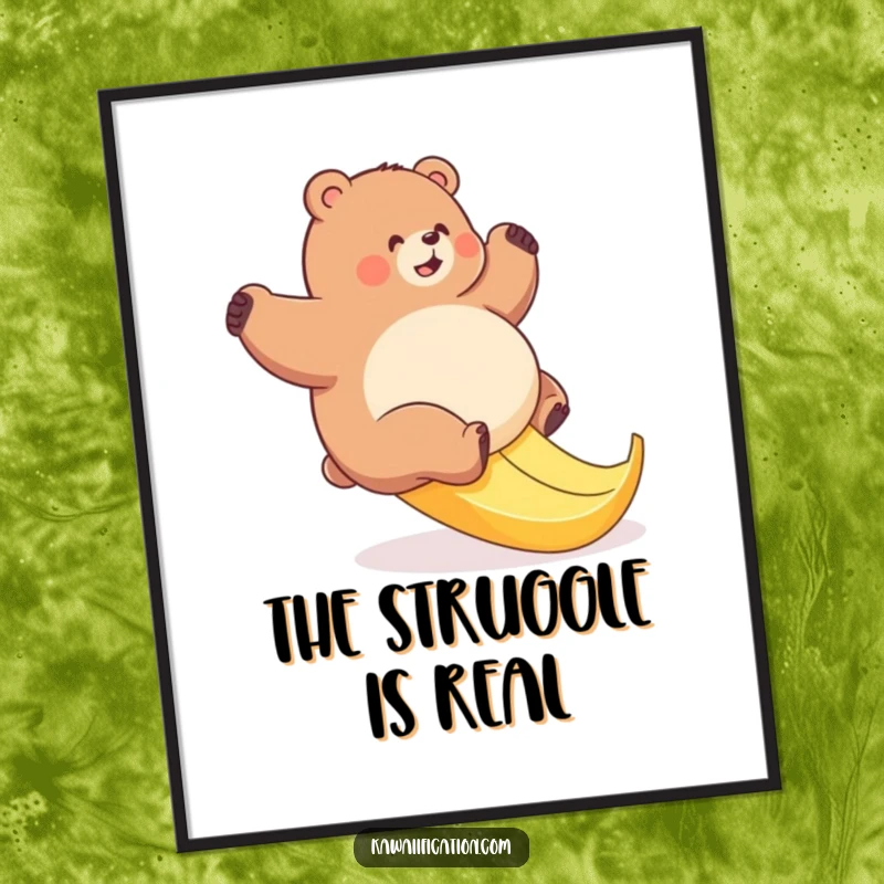 Funny digital art print of a plump bear hilariously attempting to climb a slippery banana peel, bringing cartoon humor.