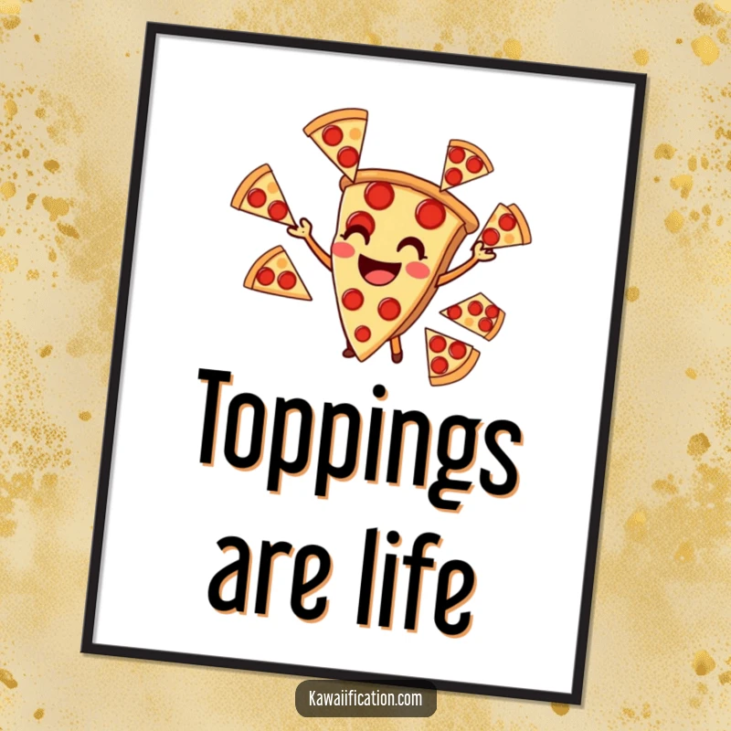Funny digital art print of a smiling pizza slice juggling pepperoni slices, a whimsical culinary artwork.