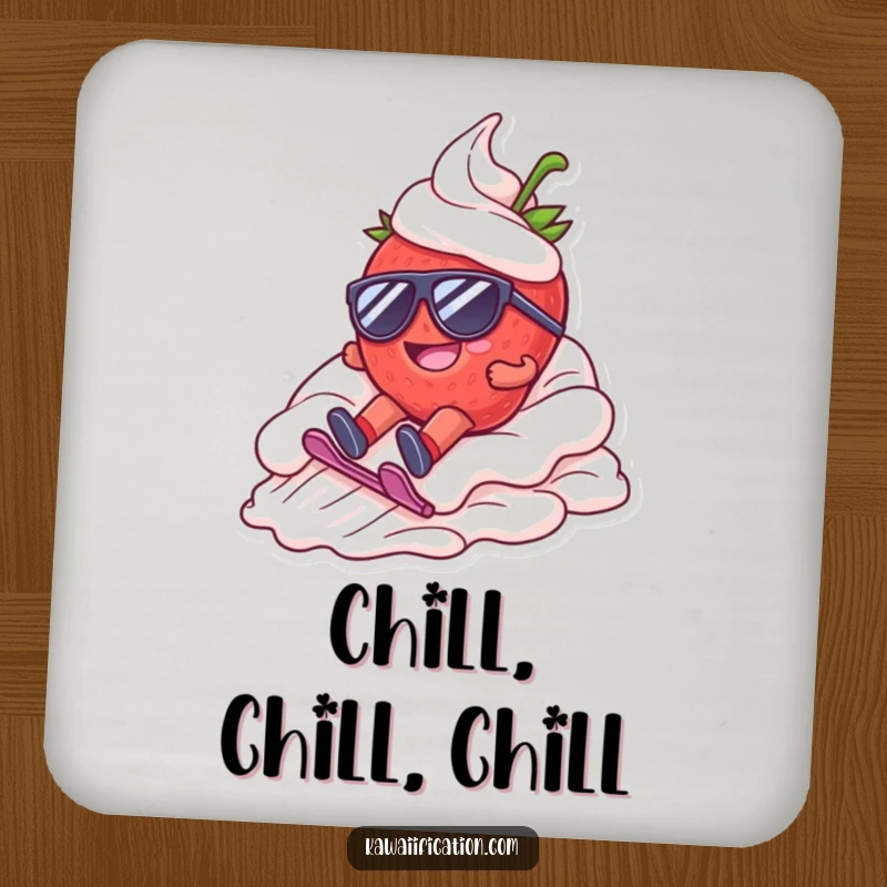 Funny coasters depicting a happy strawberry character with sunglasses, dramatically sliding down whipped cream, adding sweet humor.