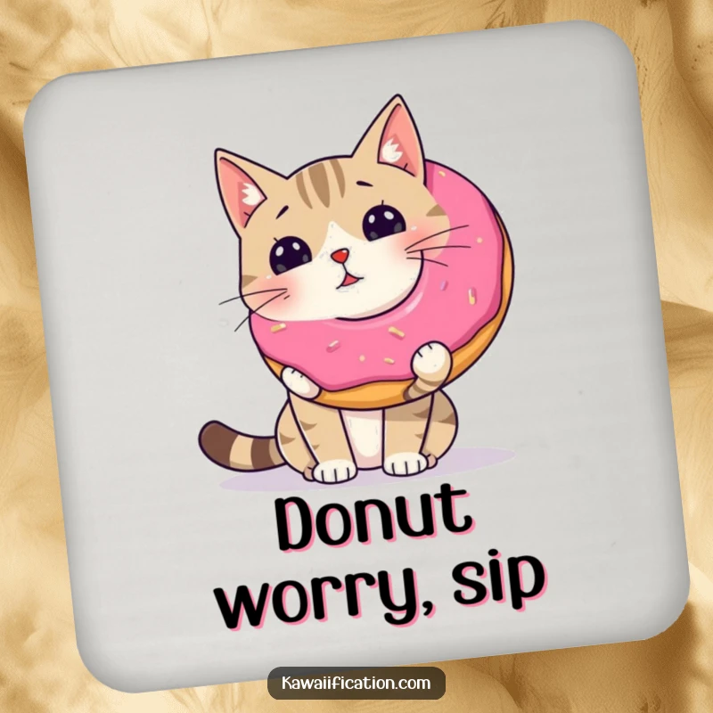 Funny wobbly cat attempting to balance a giant donut on its nose, featured on a protective drink coaster.