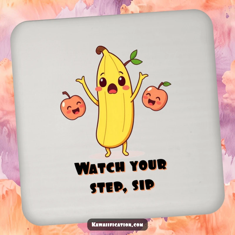 Funny surprised banana peel juggling laughing apples on drink coasters, adding humorous protection to surfaces.