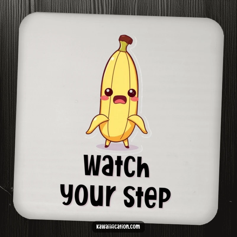 Funny drink coasters featuring a startled banana character comically slipping from its peel, adding humorous flair to tabletops.