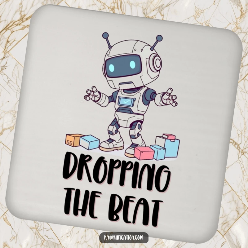 Funny drink coasters featuring a clumsy robot character spilling a beverage with a comical, apologetic expression.
