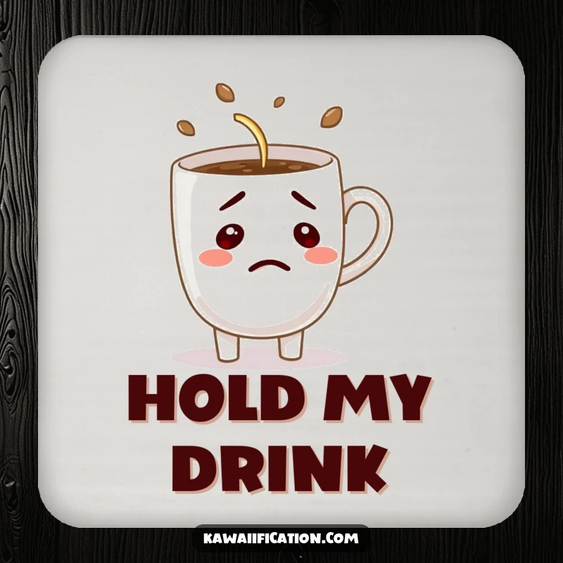 Funny drink coasters featuring a confused coffee cup character hilariously attempting to pour itself, adding humorous flair to drink surfaces.