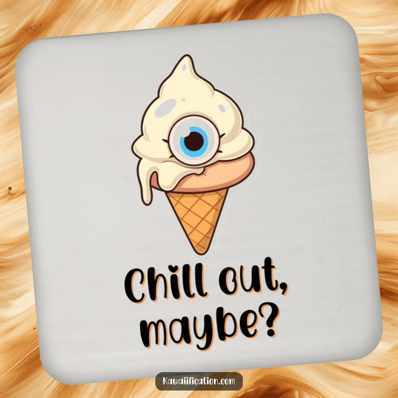 Funny melting ice cream cone with one giant eye, looking confused, a coaster featuring a quirky cartoon dessert, perfect for a funny gift.