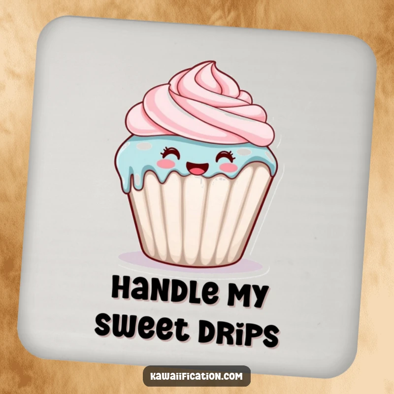 Funny drink coaster with a happy cupcake character with frosting dripping down its side, adding sweet fun to drinks.