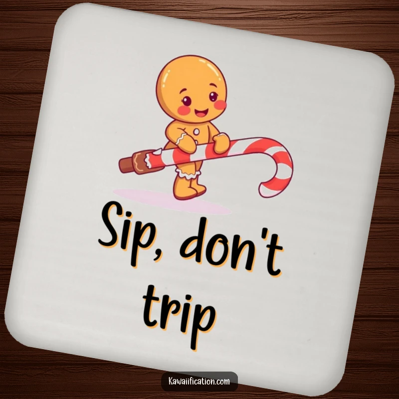 Funny coaster featuring a mischievous gingerbread man character comically tripping over a giant candy cane.