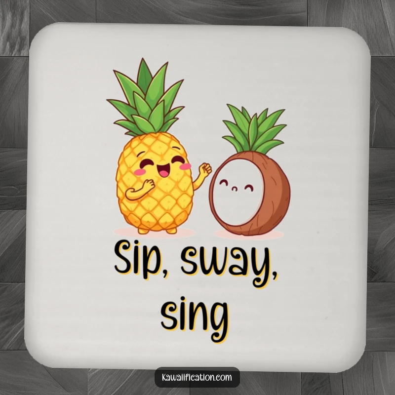 Funny drink coaster showing a cheerful pineapple singing opera to a shy coconut, perfect for protecting surfaces humorously.