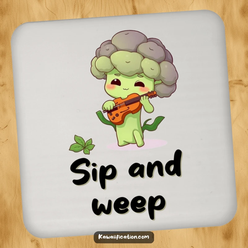 Funny drink coaster showing a shy broccoli floret playing a tiny violin, perfect for protecting surfaces humorously.