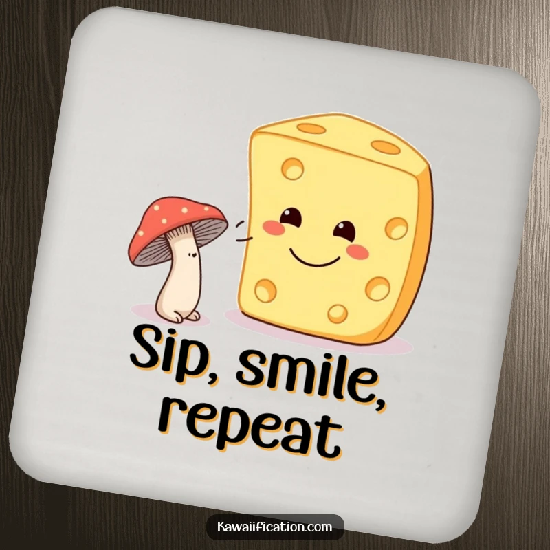 Funny shy mushroom winking at a smiling cheese on drink coasters, adding charming humor and protection.