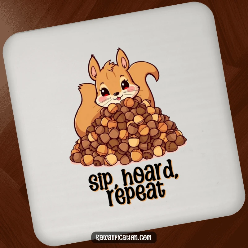 Funny Coaster: Illustration of a mischievous squirrel with a large pile of acorns, adding charm and protection.
