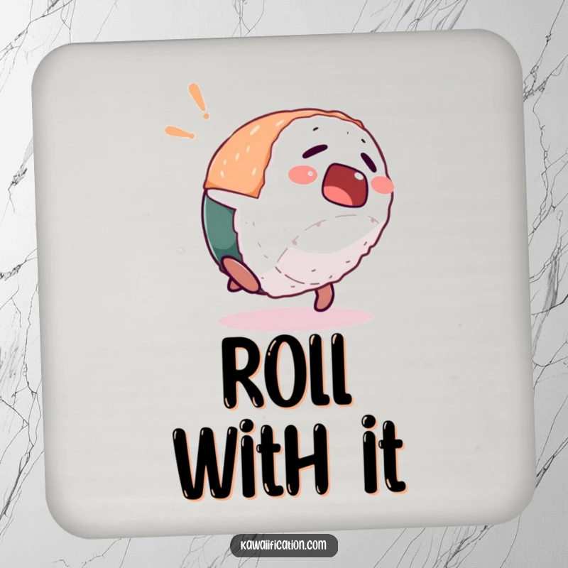 Funny drink coasters featuring a startled sushi piece character doing a comical backflip, adding humorous and surprising flair to surfaces.