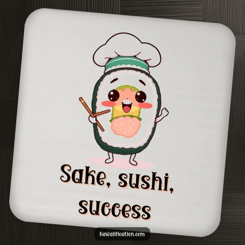 Funny coasters depicting a cheerful sushi roll in a chef hat, comically juggling chopsticks, adding a humorous touch to drink service.