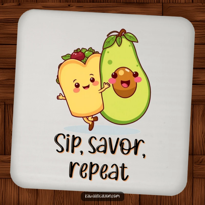 Funny drink coasters featuring a happy taco character waltzing with a smiling avocado, adding humorous food art to tabletops.