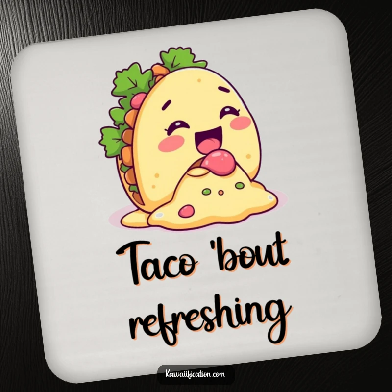 Funny Taco Spill Coaster graphic of a giggling taco character with its filling comically spilling out, a delightful table protector.