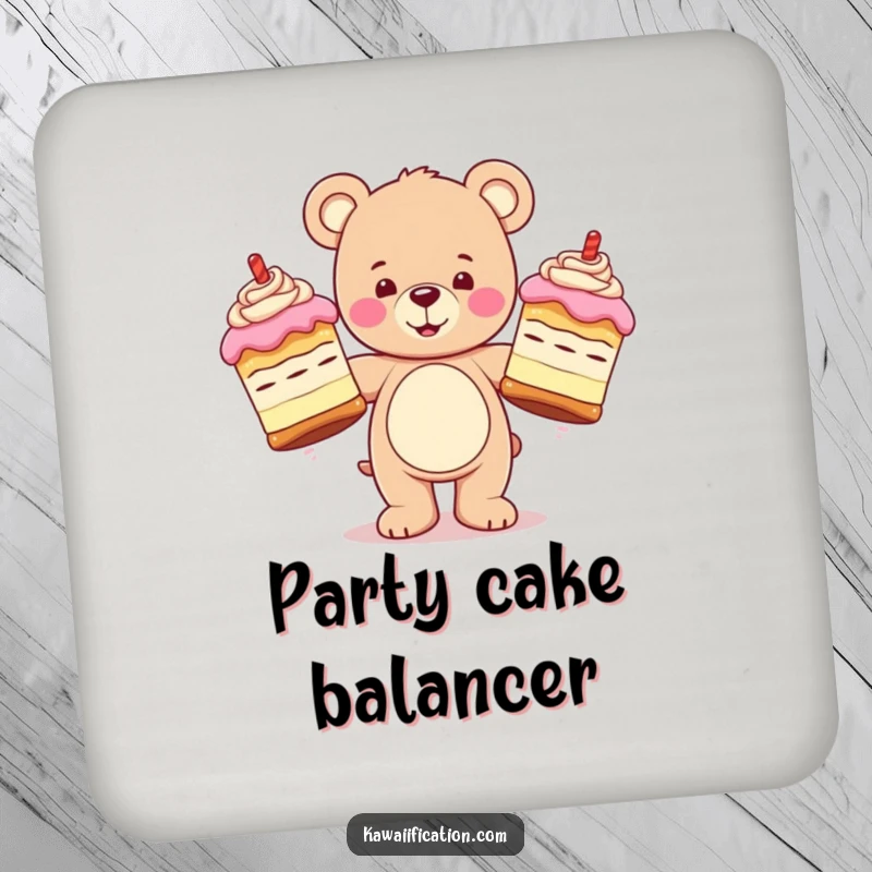 Funny coaster showcasing a happy teddy bear character juggling three oversized, wobbly cakes, protecting surfaces with sweet charm.