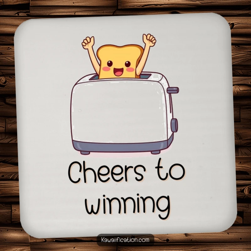 Funny cheerful toast jumping from a toaster with arms raised in triumph on a protective drink coaster.