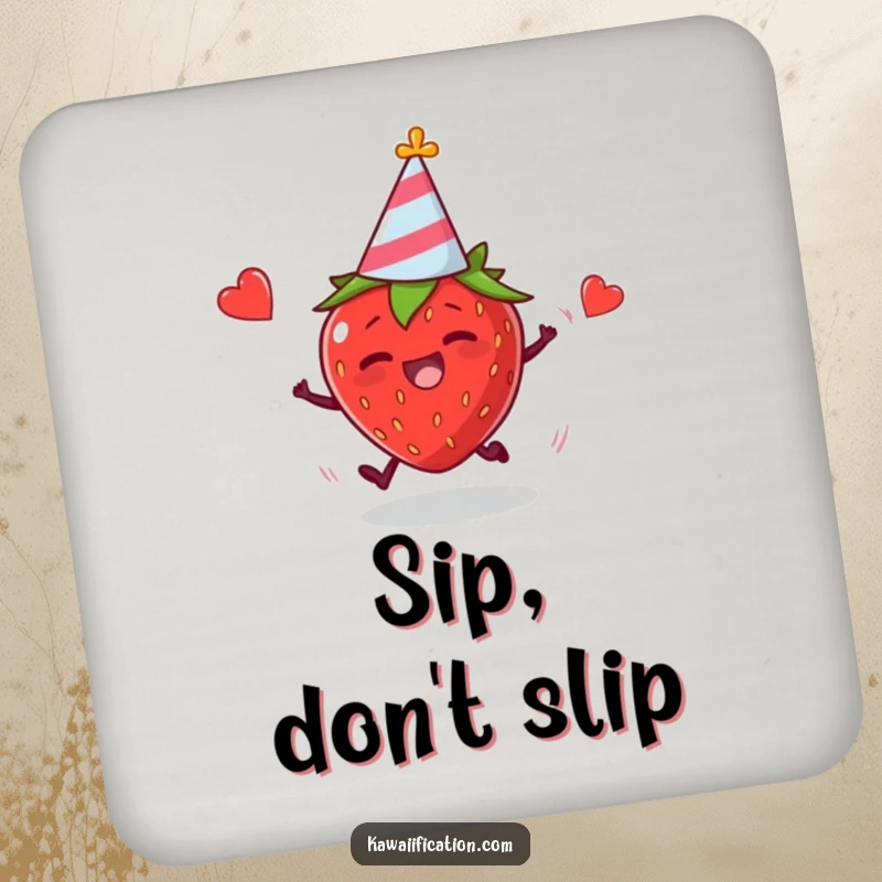 Funny drink coaster showing a plump strawberry in a party hat tripping hilariously, perfect for protecting surfaces humorously.