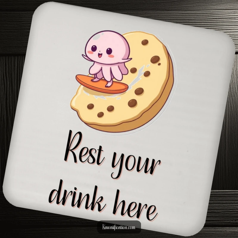 Funny coaster displaying a wobbly jelly surfing a cookie, providing humorous protection for tables and desks with a dessert theme.