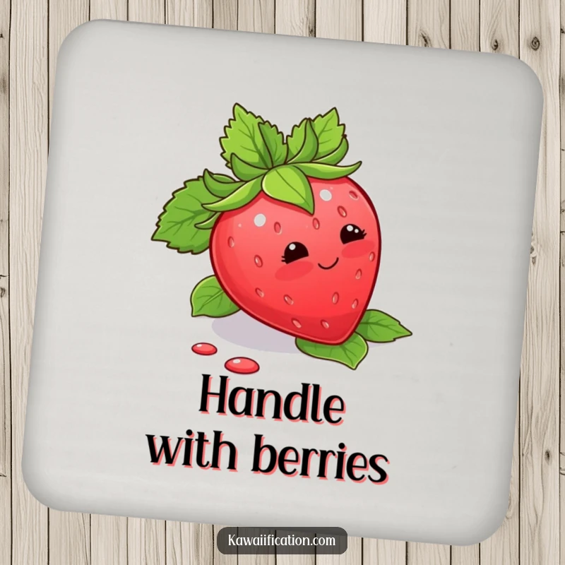 Funny Coaster featuring a blushing strawberry tripping over its leaves, protecting surfaces with cute humor.