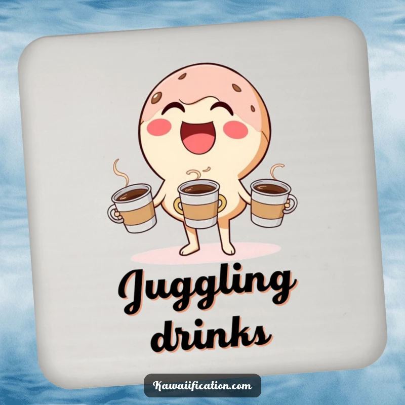 Funny drink coaster set depicting a laughing donut character humorously juggling coffee cups, bringing sweet cheer to tables.
