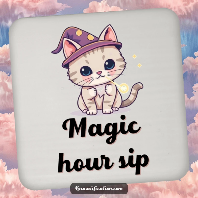 Funny cat wizard coaster wearing a tiny hat, conjuring a laser dot, protecting surfaces with magic, a delightful funny gift.