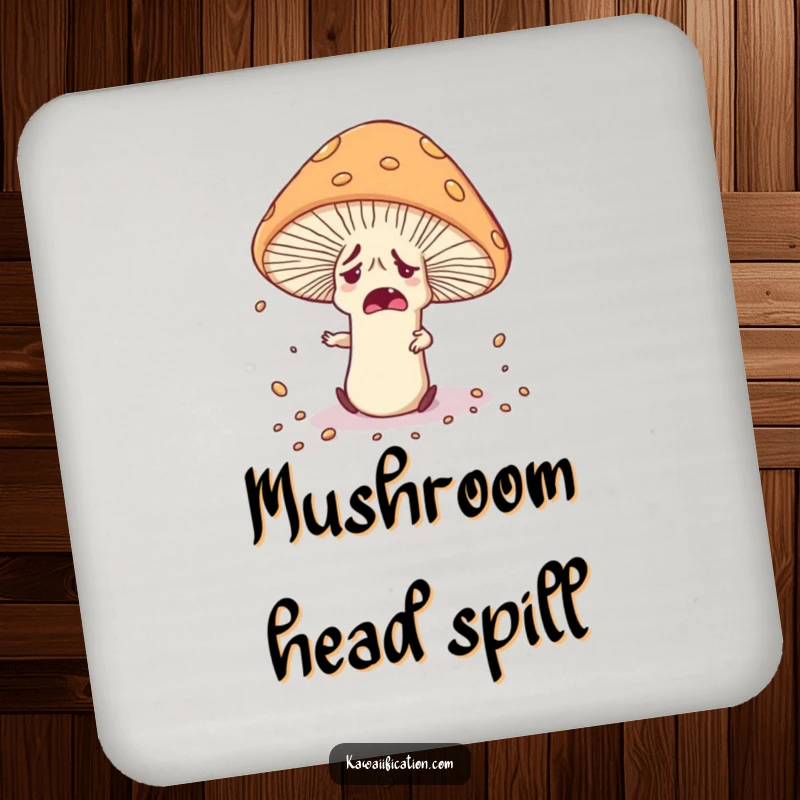 Funny nervous mushroom character tripping over its own cap, scattering spores, featured on a protective drink coaster.