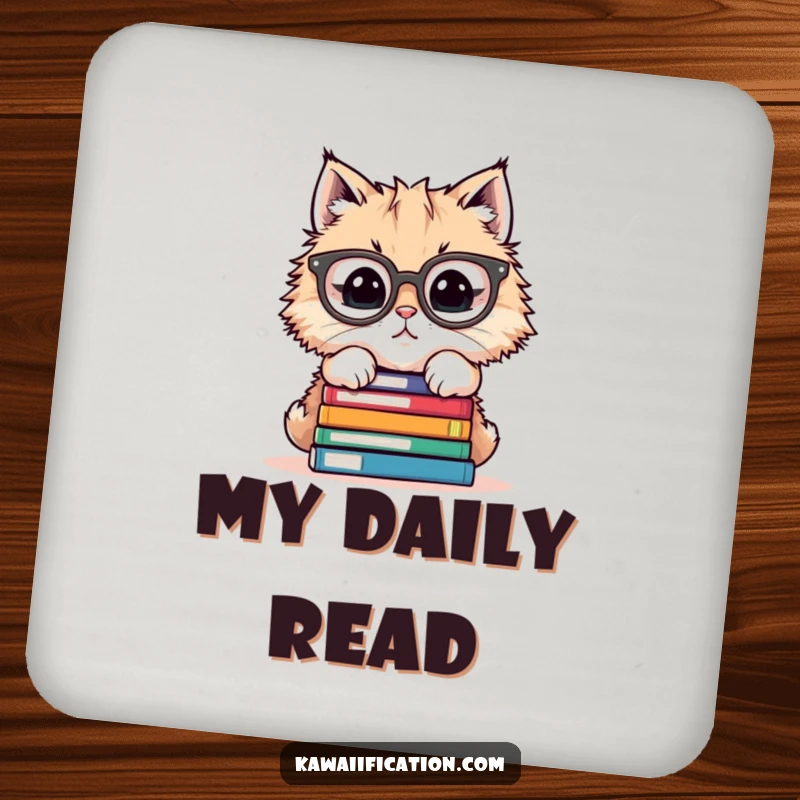 Funny drink coaster with a cat wearing spectacles trying to balance a tall stack of books, protecting surfaces.