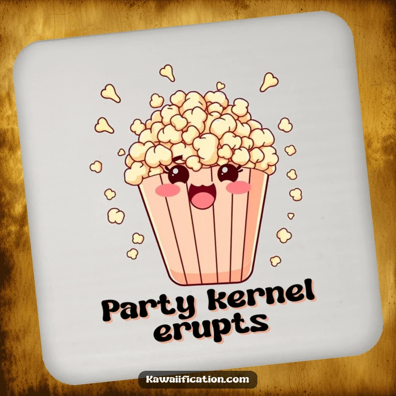 Funny drink coasters designed with a bag of popcorn comically bursting with kernels and vibrant enthusiasm.