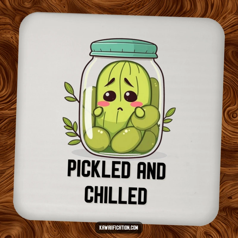 Funny nervous pickle coaster trying to hide in a jar of olives, protecting surfaces with relatable humor, a delightful funny gift.