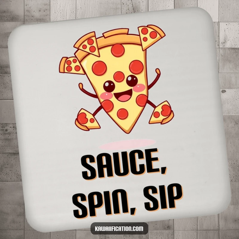 Funny pizza coaster, smiling slice juggling pepperoni slices, protecting surfaces with humorous flavor.