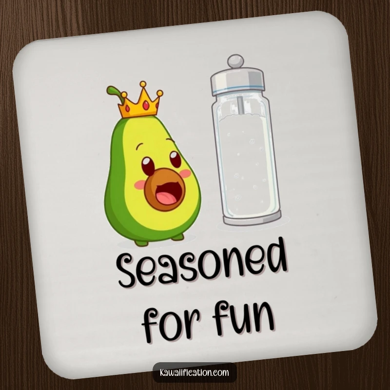 Funny coasters featuring a crowned avocado character looking surprised at a giant salt shaker, adding humorous protection to tabletops.
