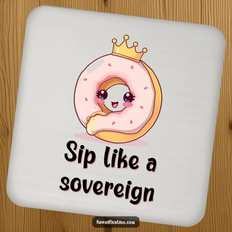 Funny Drink Coaster featuring a crowned donut in a comical escape from a bite, adding a humorous and regal touch.