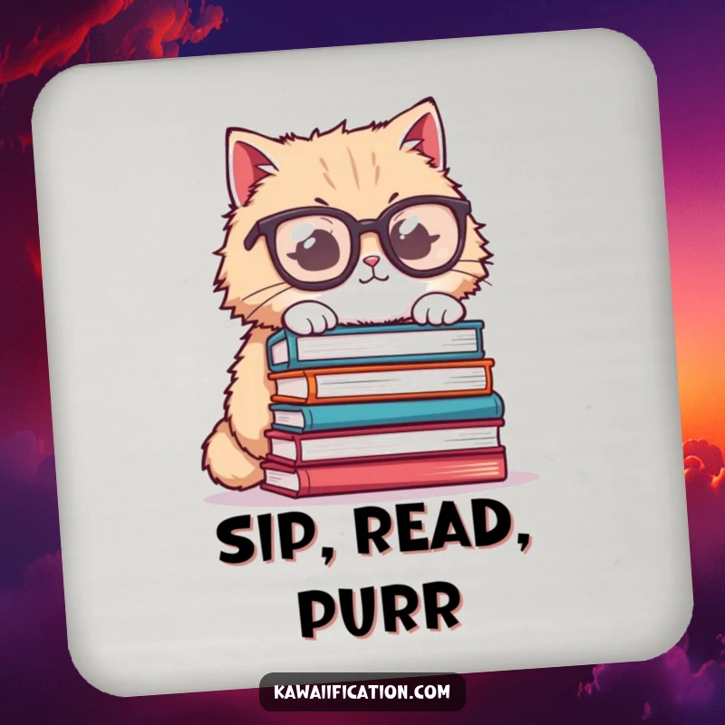 Funny cat coaster, fluffy cat wearing oversized glasses, trying to balance books, protecting surfaces with humorous charm.