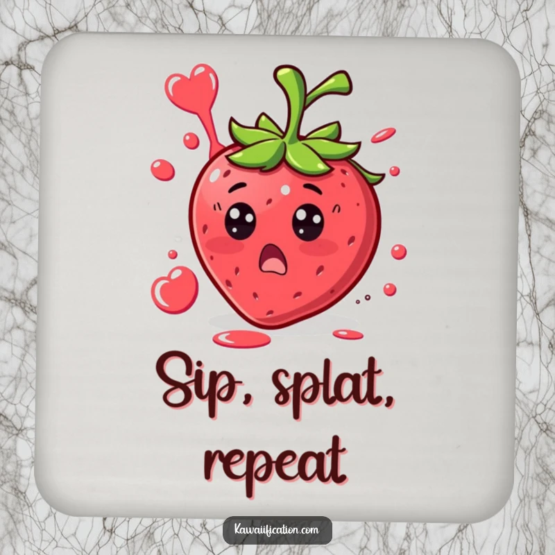 Funny Strawberry Surprise Coaster graphic of a surprised strawberry character with juice splattering in a funny shape, a delightful table protector.