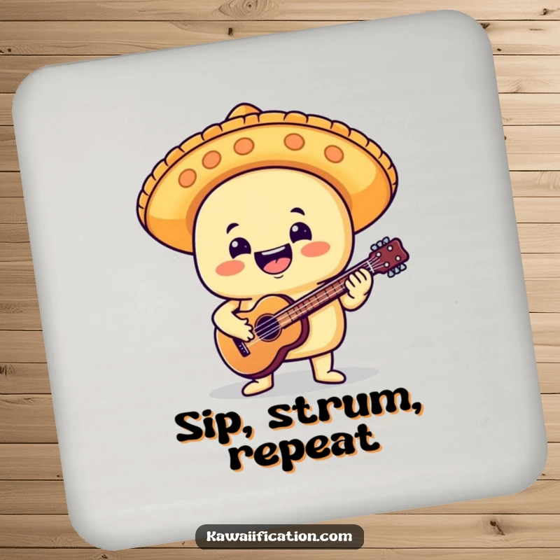 Funny coasters depicting a delighted taco in a mariachi hat, playing a tiny guitar, adding a festive and humorous touch to drink service.
