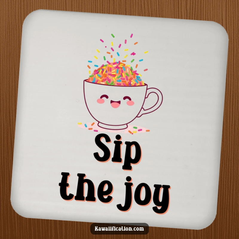 Funny drink coaster with a cheerful teacup overflowing with dancing sprinkles, protecting surfaces with sweetness.