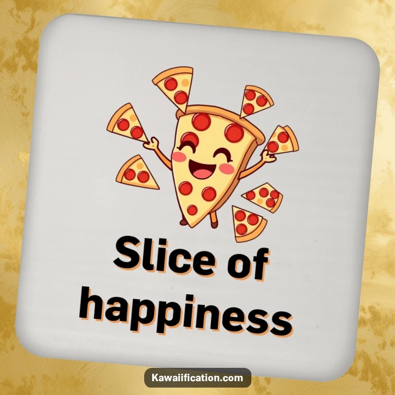 Funny drink coaster with a smiling pizza slice juggling pepperoni, protecting surfaces with a cheesy grin.