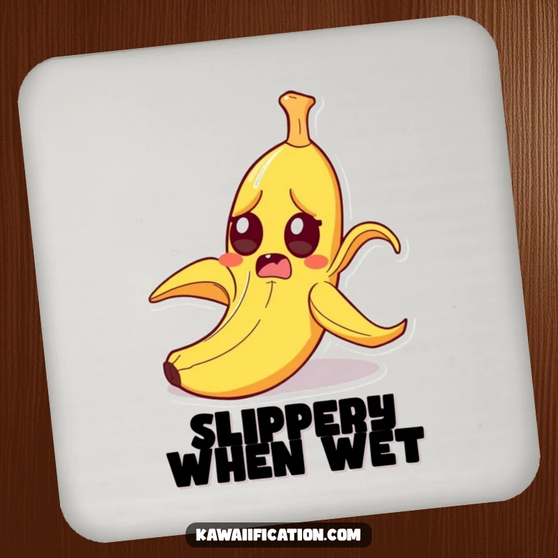 Funny startled banana peel slipping on itself with wide eyes, absorbent coaster featuring a comical cartoon slip, perfect for a funny gift.