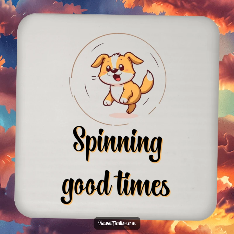 Funny drink coaster with a bewildered dog spinning in a dizzy spiral while chasing its tail, protecting surfaces.