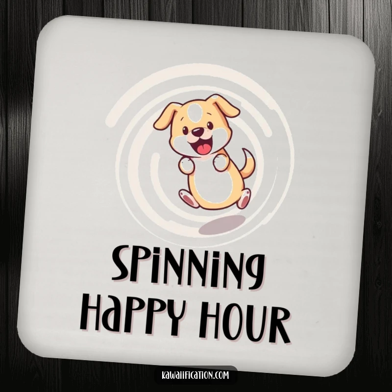 Funny dog coaster, bewildered dog chasing its tail in a dizzying spiral, protecting surfaces with humorous energy.