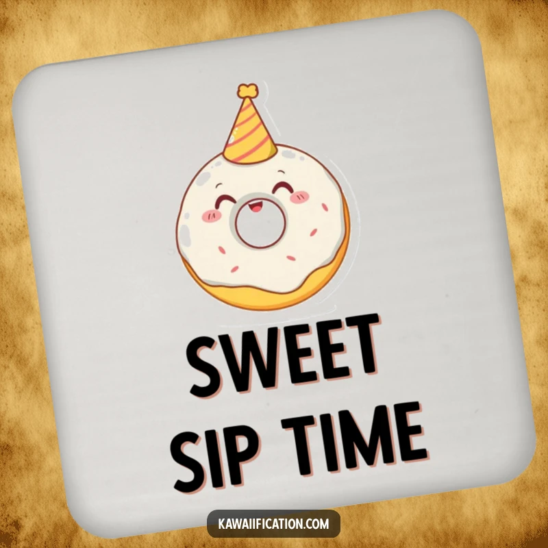 Funny drink coasters featuring a delighted donut character trying to wear a tiny party hat, adding festive and sweet flair to surfaces.