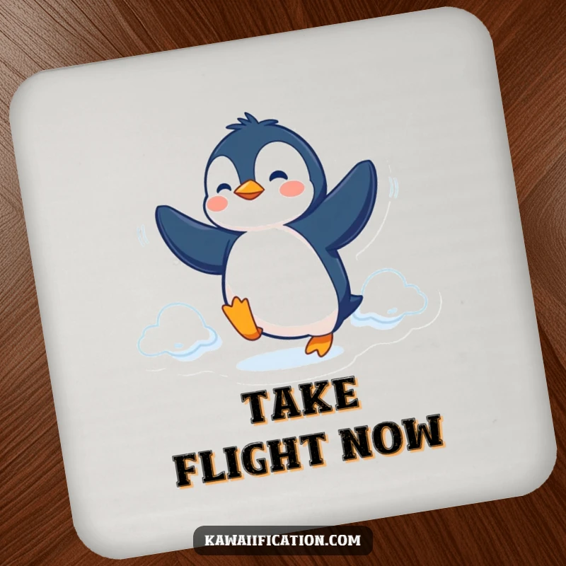Funny Coaster featuring a determined penguin trying to fly with its flippers, protecting surfaces with humor.