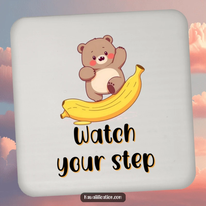 Funny drink coaster with a plump bear hilariously trying to climb a slippery banana peel, protecting surfaces.