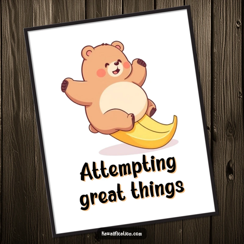 Funny bear poster depicting a plump bear struggling comedically on a slippery banana peel, adding humor to wall art.