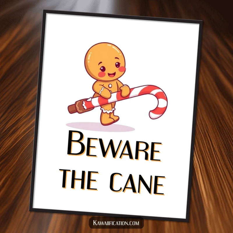 Funny poster print of a mischievous gingerbread man character comically tripping over a giant candy cane.