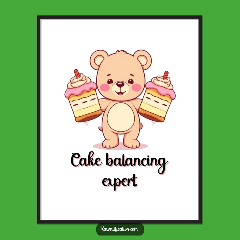 Funny Teddy Bear Juggling Poster: Happy Cake Art, Whimsical Wall Decor