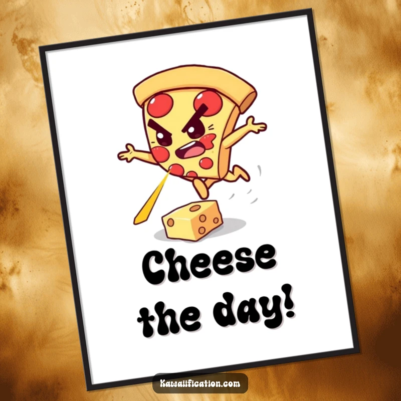 Funny poster print of a determined pizza slice character leaping over a bright cheese laser beam.
