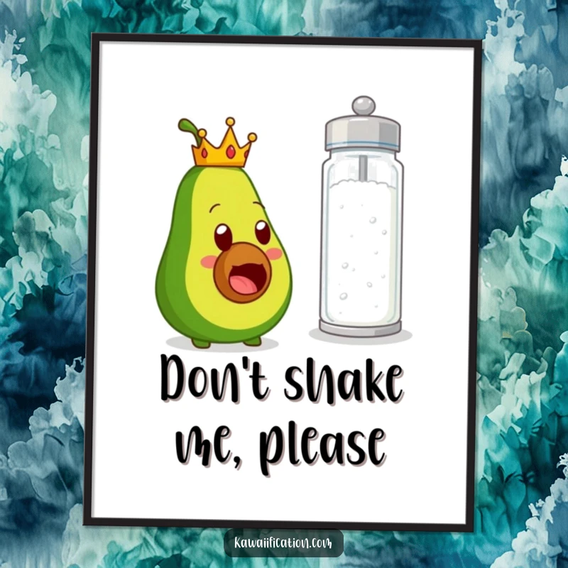 Funny poster art of a surprised, crowned avocado character staring at an enormous salt shaker, creating a humorous and artistic statement piece.
